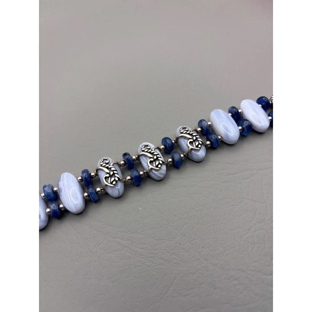 Vintage Carolyn Pollack Half Moon Bay Link Bracelet 925 Blue Lace Agate Kyanite